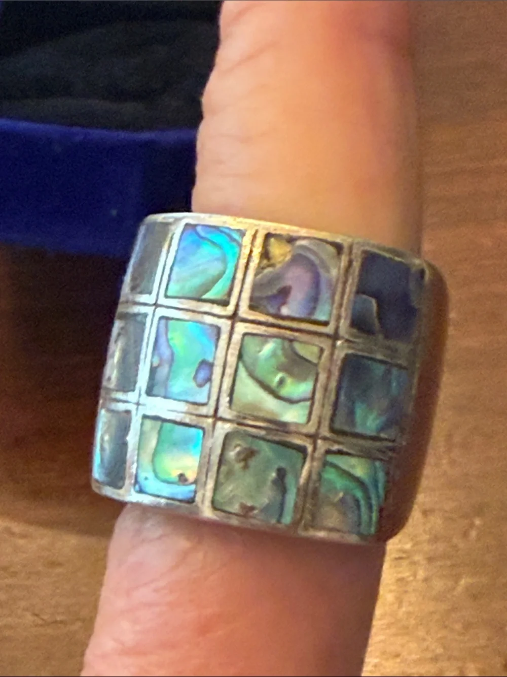 Wide Abalone Inlay Statement Ring in Iridescent Green-Blue AS-IS